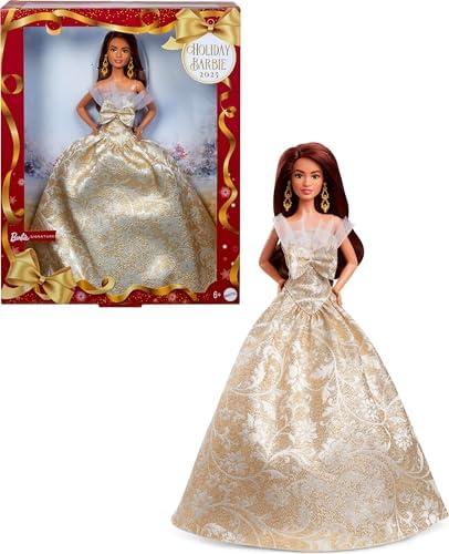 Barbie Signature 2025 Holiday Fashion Doll with Dark Brown Hair Wearing Silver & Gold Gown, Seasonal Collectible Includes Displayable Packaging & Doll Stand