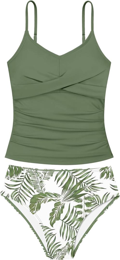 Girls Swimsuit 2 Piece Bathing Suit Criss Cross Ruched Girl Tankini Sets Printed Girls' Swimwear for 9-18 Years (15-16 Years, Green)