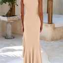 PRETTYGARDEN Wedding Guest Dresses for Women 2026 Summer Formal Gala Maxi Dress Ruffle Mermaid Cocktail Long Dresses (Beige, L)