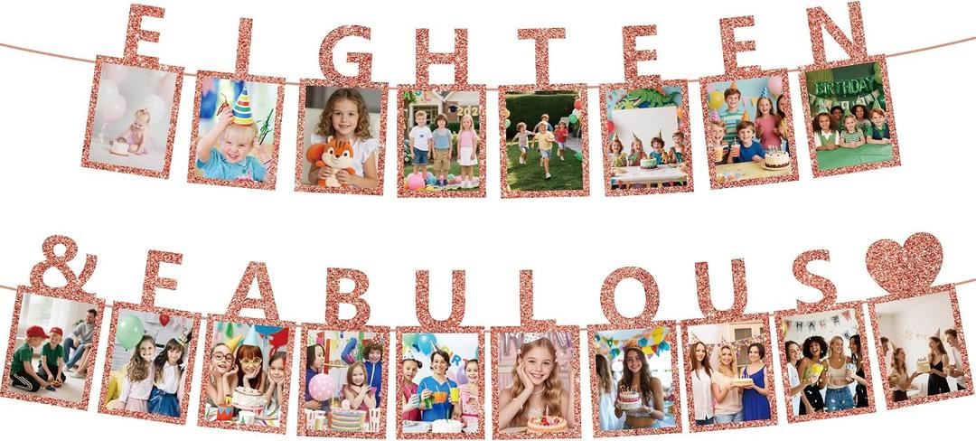 18th Birthday Decorations Photo Banner - 2 Pcs Rose Gold Pre-strung Glitter Eighteen Fabulous Photo Banners with 18 Picture Frames Party Supplies for Girls Teenager Adult Celebrations Backdrop Decor