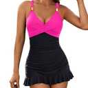 Blooming Jelly Women One Piece Swimsuits Swim Dress Tummy Control Bathing Suits V Neck Ruffle Skirt Swimwear(Hot Pink, Large)
