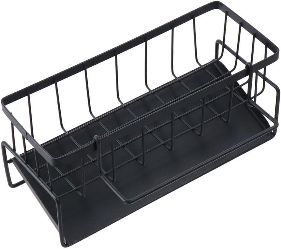 Kitchen Sink Rack, Metal Sponge Holder with Water Drip Tray, Cleaning Brushes Organizer Dish Holder Behind Faucet, Kitchen Supplies(Black/Gray)(Black)