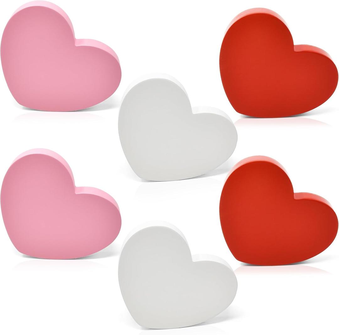 6 Valentine's Day Heart Wooden Table Decor Centerpieces Happy Valentines Tabletop Rustic Love Hearts Wood Block Sign Tiered Tray Decorations for Valentine Home Shelf Desk Mantle Party Decoration