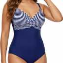 LIZNES Women's One Piece Swimsuit Tummy Control Bathing Suit Front Criss Cross V Neck High Waisted Swimwear (Blue, M)