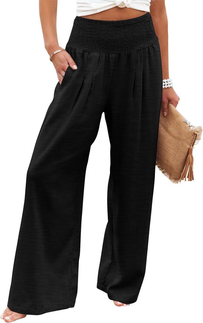 Angerella Womens Elastic High Waisted Palazzo Pants Casual Wide Leg Long Lounge Pant Trousers with Pocket (Large, #1 Black)