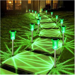 DenicMic Solar Lights Outdoor 10 Pack Waterproof Green LED Stainless Steel Stake Outside Lights for Yard Pathway Garden Driveway Walkway Landscape Path Lighting