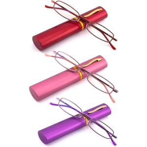 3 Pack Slim Pocket Reading Glasses for Men Women Blue Light Blocking Compact Readers Spring Hinge Metal Frame (Red Pink Purple)