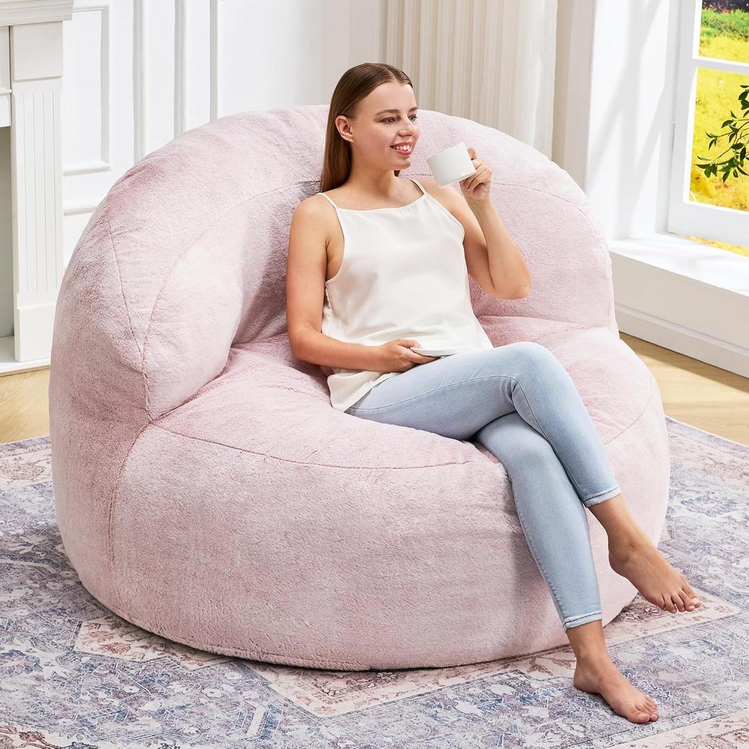 Hobestluk Bean Bag Chair Giant Bean Bag Chairs for Adults Big Bean Bag Chair with Memory Foam Filler Adults Large Beanbag with Faux Fur Cover for Bedroom (Plush Pink, Oversize)