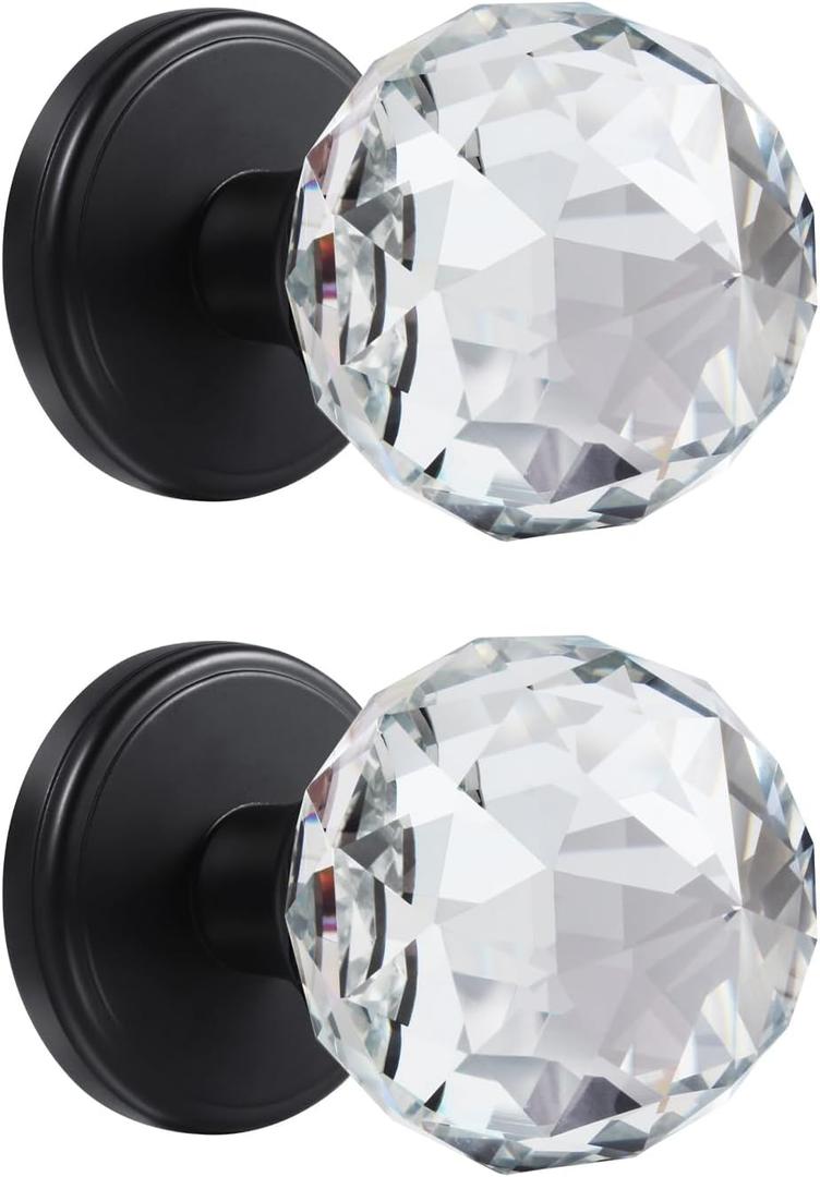 2 Pack Crystal Glass Dummy Door Knobs, Inactive Round Half-Dummy Door Knob Set, Single Side, Matte Black