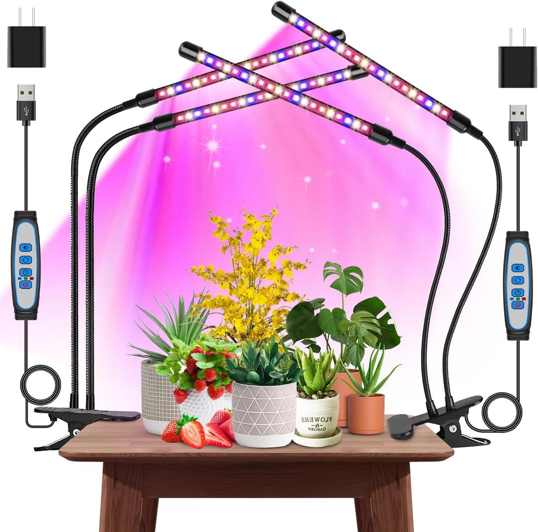 Garpsen Grow Lights for Indoor Plants, 2PCS 2 Heads Full Spectrum Led Grow Lights for Seed Starting, 80 LEDs Plant Grow Light, with Auto ON/Off 6/12/16H Timer, 5 Dimmable Levels (460nm/660nm/3000K) ((2 Pack)2 Arms)