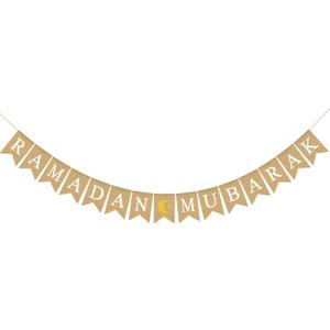 Jute Burlap Ramadan Mubarak Banner with Moon and Star Mantel Fireplace Decoration