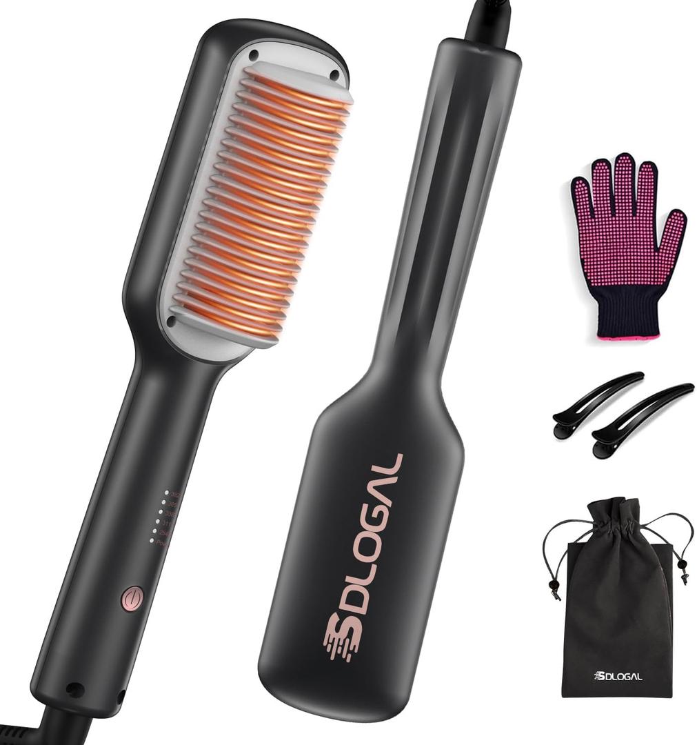 SDLOGAL Hair Straightener Brush, Straightening Comb with 5 Temps & Fast Heating, Easy & Fast Salon-Style, Plus Dual Voltage Travel Friendly (Black)