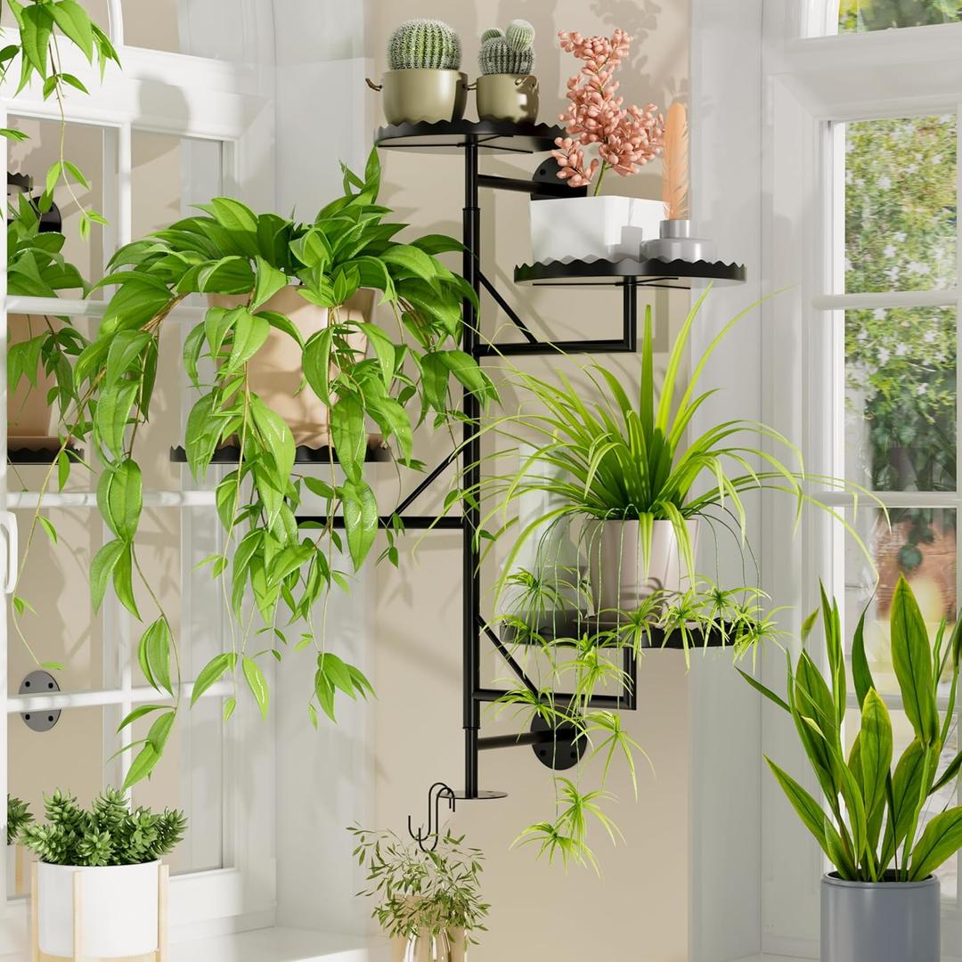 PPN Rotating Wall Plant Shelves Versatile Window Plant Shelf for Indoor Plants Bathroom Living Room Use Wall Planter with Durable Metal Material 4 Pots (Black)