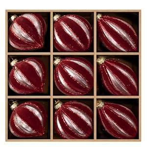 DN DECONATION Burgundy Red Glass Christmas Ornaments, Flocked Velvet Hanging Ball Ornament with Assorted Sizes & Designs, Matte Glass Ornament for Vintage Xmas Tree Home Party Decor (9PCS)