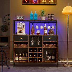 Wine Bar Cabinet with Power Outlet & LED Light,54'' Wine Cabinet Sideboard with Drawers and Removable Shelves, Bar Storage Cabinet for Liquor and Glasses, Coffee Bar Cupboard,Walnut, 15.5"D x 43"W x 46"H
