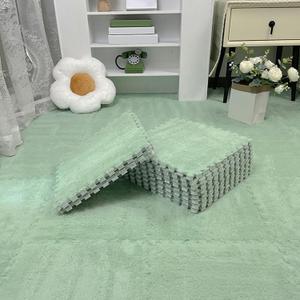 Thickened Plush Foam Interlocking Floor Carpet Puzzle Mat, 18 pcs 12x12x0.4 in Fluffy Square Puzzle Foam Carpet Tiles with Edgings, Soft Shaggy Area Rug Puzzle Mat(Color:Green 2)