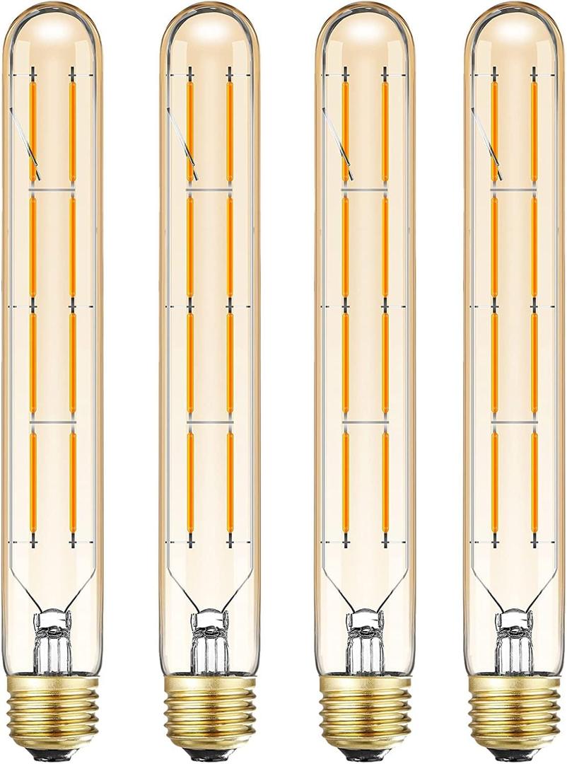 E26 Dimmable Led Tubular Bulb 8W Long Tube Edison Light Bulbs 2700K Warm White T10 Vintage Filament Bulb 75W Equivalent, 8.9inch, Amber Glass Cover E26 Medium Base. (4-Pack)