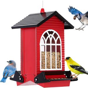 Gbekery Squirrel Proof Bird Feeder for Outdoors,5LB Large Capacity,Metal Wild Bird Seed Feeder with Bilateral Weight-Activated Perches for Outside Hanging,Finch,Cardinal,Blue Jay,Garden Decoration,Red