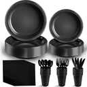 Boocikey Black Plastic Plates, 25 Guest Disposable Dinnerware Set for New Year, Black Party Supplies, Includes 25 Dinner Plates, 25 Dessert plates, 25 plastic Cutlery, 25 Napkins and 25 12 oz Cups