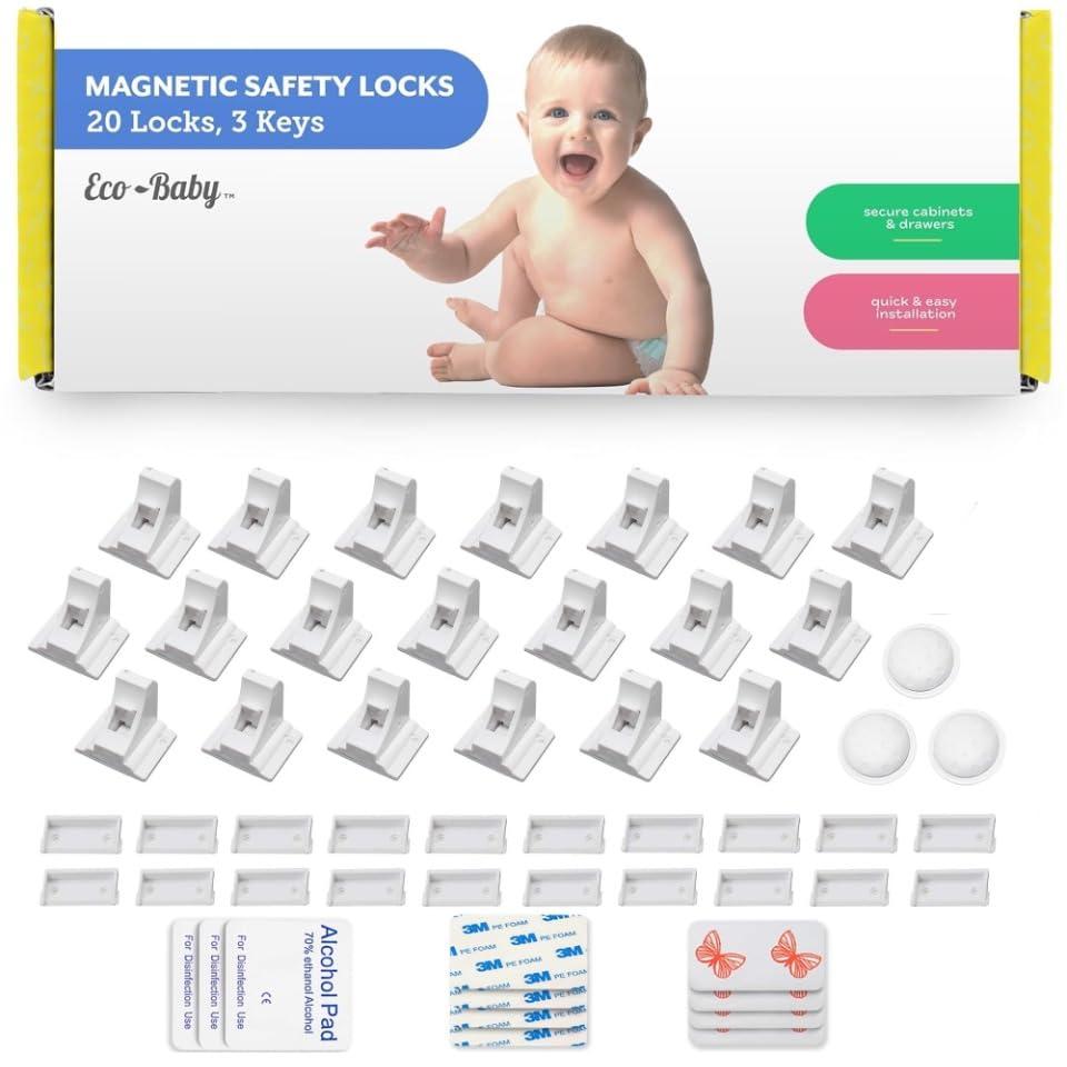 Eco-Baby Magnetic Cabinet Locks for Babies - Keyless, White, 20 Pack and 3 Keys