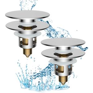 Hibbent 2 Pack All Metal Upgraded Bathroom Sink Stopper, Universal Pop Up Sink Drain Strainer, Brass Bullet Core Push Type Sink Stopper for 1.1''~2.3''' Basin, Anti Clogging Drain Filter, Chrome