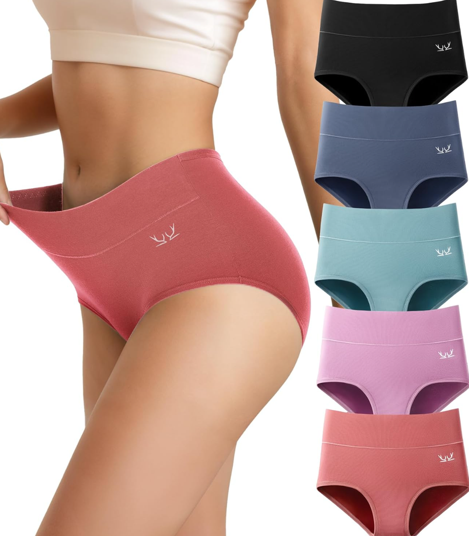 Saliryj Women's Cotton Underwear High Waisted Underwear Soft Briefs Full Coverage Ladies Panties 5 Pack(Size M)