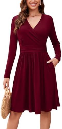 WEACZZY Women's Long Sleeve Casual Fall Dresses V-Neck Swing Floral Party Dress with Pockets 2026, M