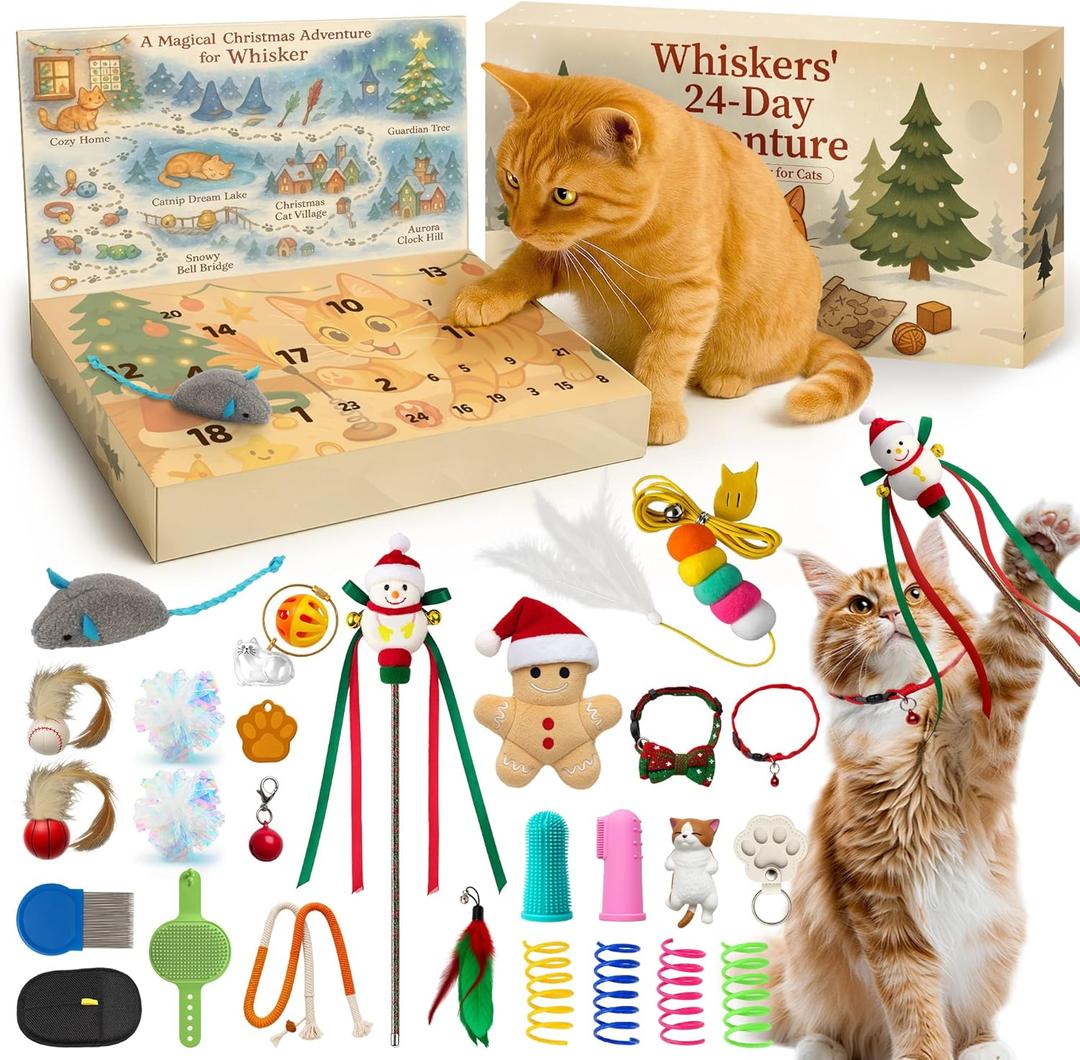 Cat Advent Calendar 2025, 24 Days Christmas Countdown Box for Cats with Interactive Toys, Catnip Balls & Feather Wand, Xmas Holiday Gift for Kittens & Cats Lover