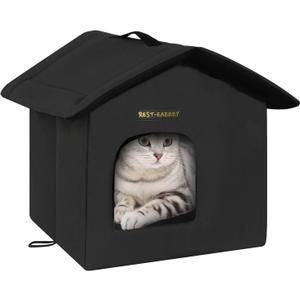 Rest-Eazzzy Cat House for Outdoor Cats, Weatherproof and Insulated Feral Cat House with Mat and Canopy, Easy to Put Together, Selfwarming Cat Shelter for Winter(13 * 13 * 14" Black with Support)