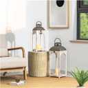 Glitzhome Lanterns Decorative Indoor, 2 Pack Modern Farmhouse Candle Lanterns, Wooden Hanging Lanterns with Metal Top Floor Candle Lanterns for Home Decor, Weddings, Parties, Holiday (No Glass)