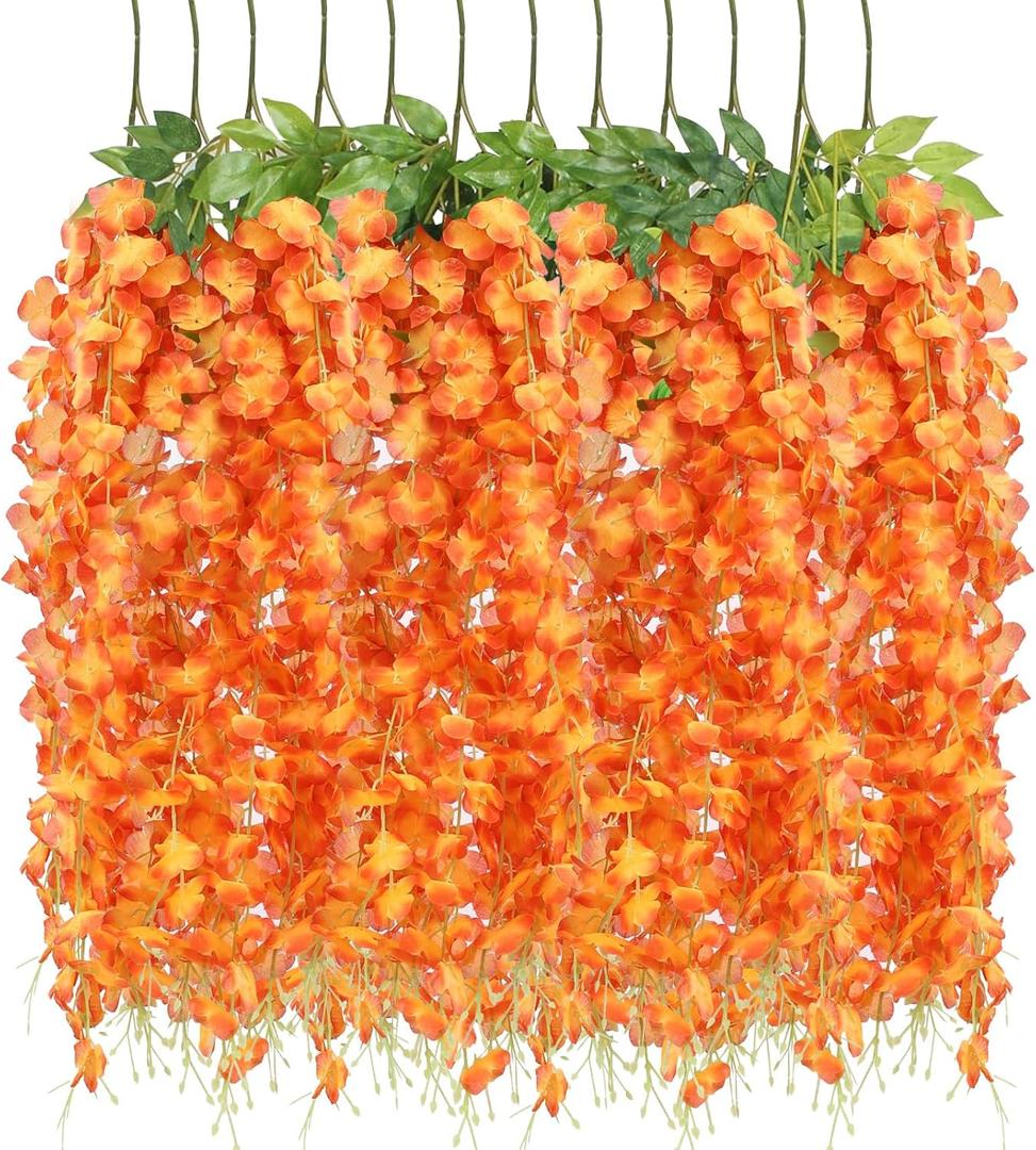 12 Pack Wisteria Hanging Flowers, 45 in /3.7ft Artificial Vine Hanging Flowers for Decoration, Fake Long Rattan Hanging Garland Silk Flowers String for Wedding, Garden, Bedroom, Home Decor-Orange