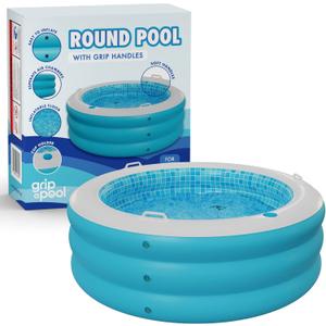 Inflatable Round Swimming Pool with Blow Up Padded Floor, Cup Holder, Handles and Drain - 60"x22" Deep Round Large Kiddie Pool Perfect for Adults and Kids Ages 4 5 6 7 8+
