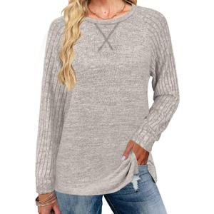 JomeDesign Long Sleeve Shirts for Women Crew Neck Sweatshirts Lightweight Sweaters Side Split Loose Casual Blouses (S)