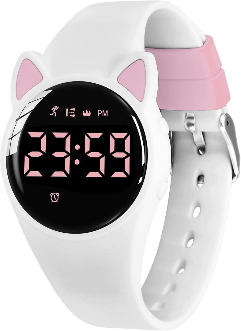 Kids Watches for Girls Boys Digital Sport Watch with Step Counter Pedometer Vibration Alarm Clock, No App Waterproof Fitness Tracker Kids Watch Boys Girls Teens Students Ages 5-16 (214-Y-White)