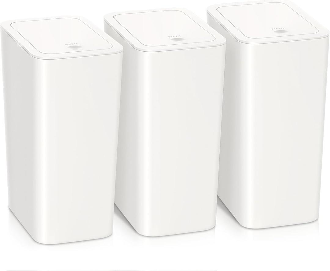 SHPMXUPW 3 Pack Bathroom Small Trash Can with Lid,10L / 2.6 Gallon Slim Garbage Bin Wastebasket with Pop-Up Lid for Bedroom, Office, Kitchen, Craft Room, Fits Under Desk/Cabinet/Sink (White)