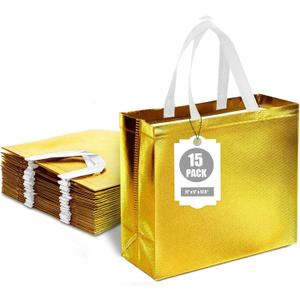 VGOODALL 15PCS Reusable Gift Bags with Handles, 12.6 x 5 x 11, Gold, Bulk, Large Party Favor Bags for Birthday, Wedding