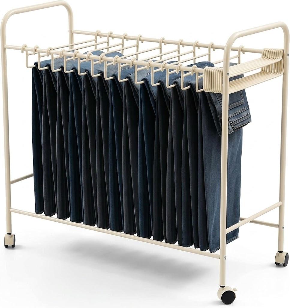 Rolling Pants Rack with 30 Hangers, Closet Organizer Trolley,  Jean and Skirt Closet Organizer, Metal Pants Rack with Wheels, Space Saving for Jeans Trousers Skirts, 30" x 30" x 13.5"