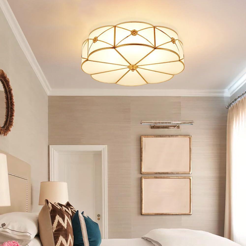 Brass Flush Mount Ceiling Light, Frosted Glass Ceiling Mount Light with Flower Decoration, 4 Lights Classic Ceiling Lighting for Bedroom Kitchen (B, 17.7")