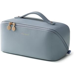 EACHY Travel Makeup Bag, Large Capacity Cosmetic Bag for Women, Waterproof PU Leather, Flat Open Portable Toiletry Bag for Skincare, Brushes & Travel Essentials (AN-Blue)