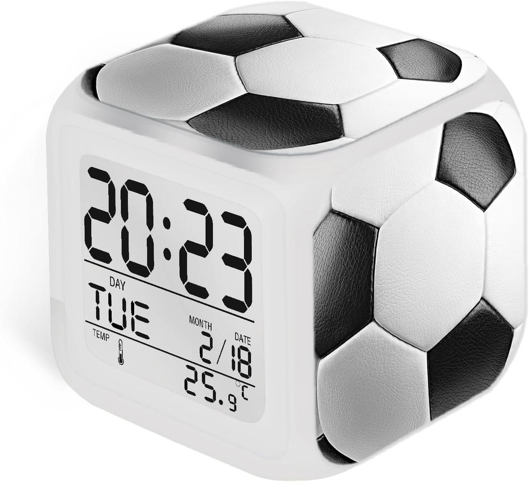 Soccer Ball Alarm Clock for Boys Girls, Soccer-Themed Kids Alarms, Digital Desk Clock, Battery Operated with 7 Color-Changing LED Decor (3.15x3.15x3.15 inch)