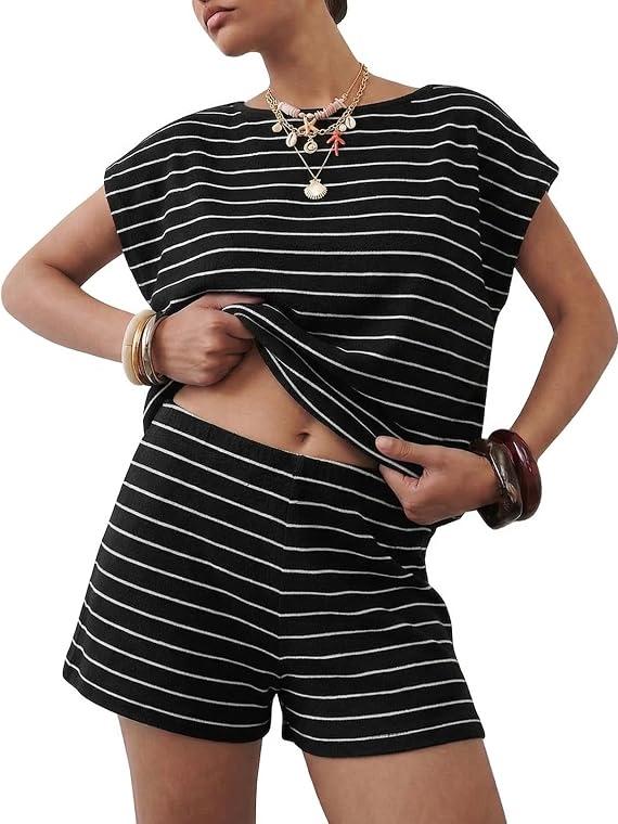 EXLURA Womens 2 Piece Sweater Sets Stripe Cap Sleeve Knit Tops Shorts Set Faux Cashmere Summer Beach Vacation Cruise Outfit, XS
