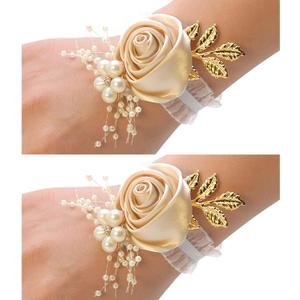 Wrist Corsage 2PCS Satin Roses Hand Flower Champagne Wedding Bridal Corsage Bridesmaid Wrist Flowers Elastic Wristband for Wedding Prom Party Homecoming Graduation Dancing