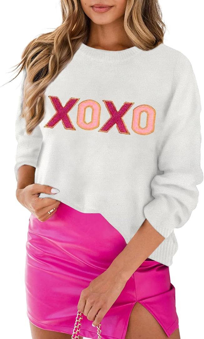 MARZXIN Women 2026 Casual Holiday Love Sweaters Round Neck XOXO Sweater St Patrick Tops Merry Christmas Heart Sweatshirt (White, M)