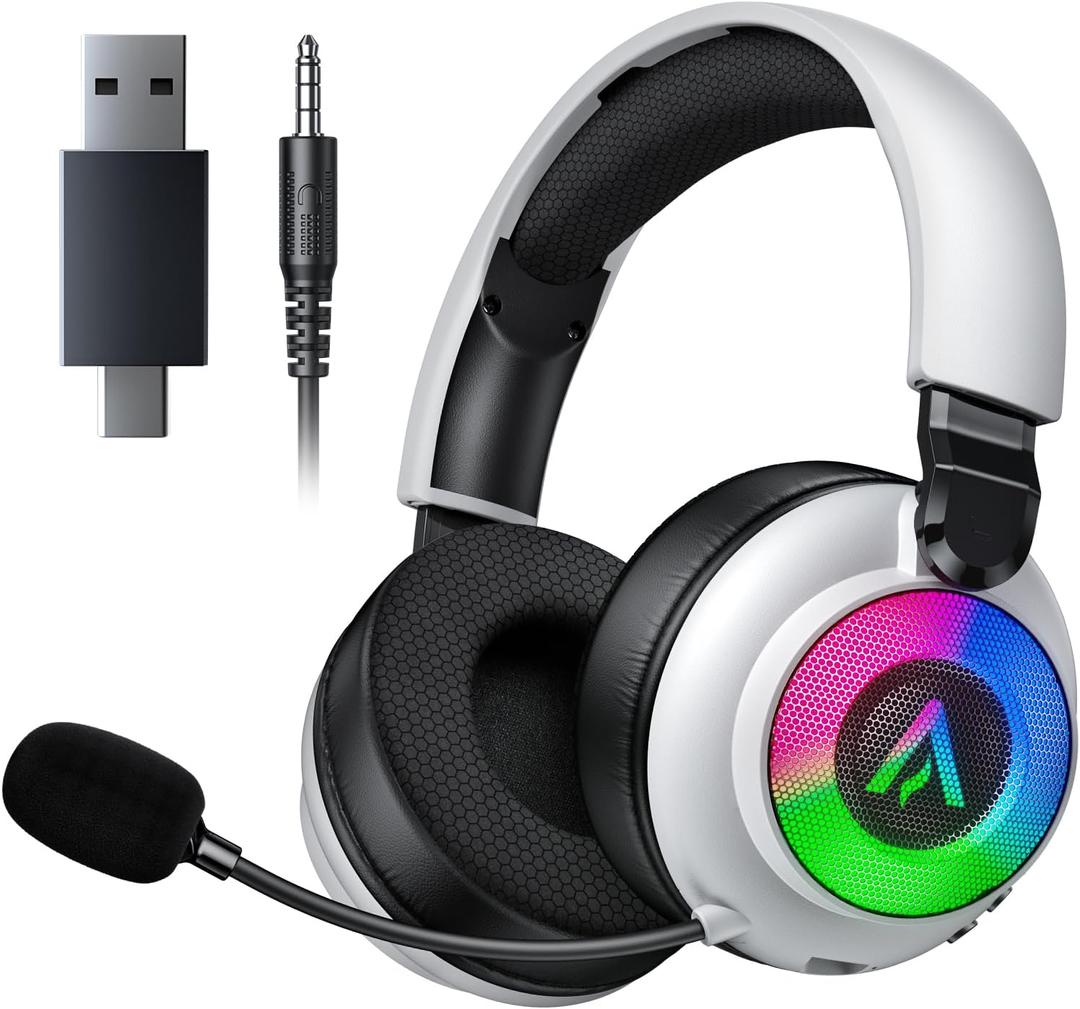 Wireless Gaming Headset for Ps5 Ps4-2.4GHz, 7.1 Surround Sound, Noise Cancelling Mic, RGB Lights, 40H+ Battery, Lossless Audio, Comfy Over Ear Headphones for PC, Switch, Xbox, Laptop, Mac, Mobile (White)