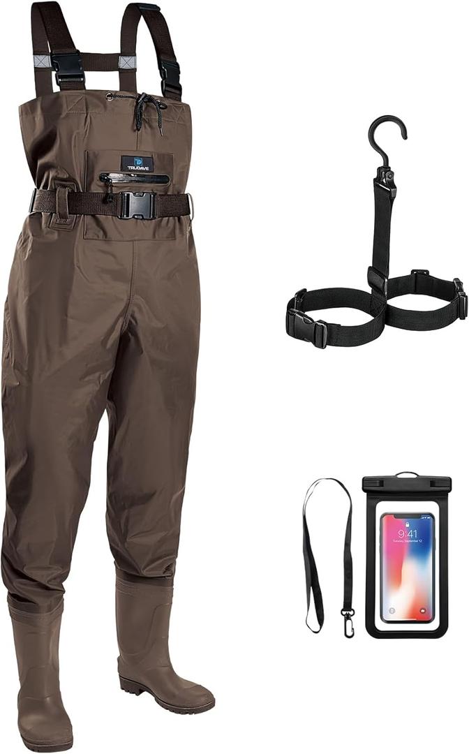 Trudave Chest Waders for Men with Boots, 2-Ply Nylon/PVC Waterproof Fishing & Hunting Waders for Men and Women (M11, Brown)