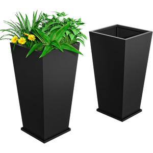 Metal Planter 2 Pack, 15L x 15W x 30H, Heavy Duty Tall Planters for Outdoor Plants, Black Planters with Removable Insert Shelf, Large Planters with Drainage Holes for Porch, Patio, Black