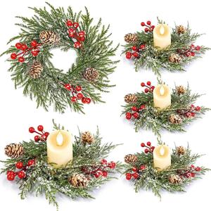 4 Pack Flocked Mini Christmas Wreath Candle Rings  9"x3.5" Snowy Cypress Wreaths with 20 Branches 21 Red Berries & 3 Pinecones, Small Xmas Candle Wreath Decor for Cabinet Table Centerpiece Holiday