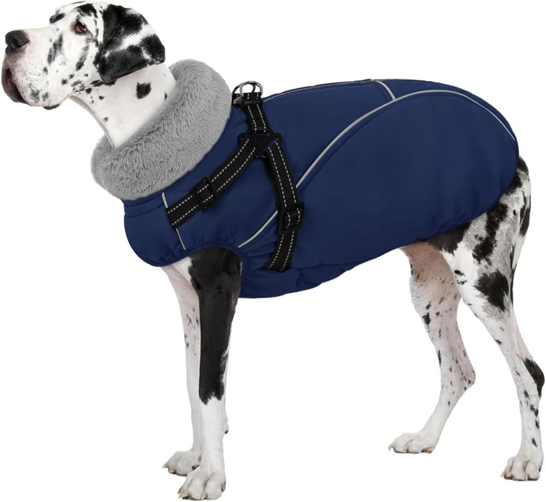 AOFITEE Dog Coat for Large Dogs, Waterproof Dog Jacket Winter with Harness Built in, Warm Fleece Pet Puffer Jacket with Zipper, Cold Weather Coats for Dogs, Reflective Pet Snowsuit, Blue XXL