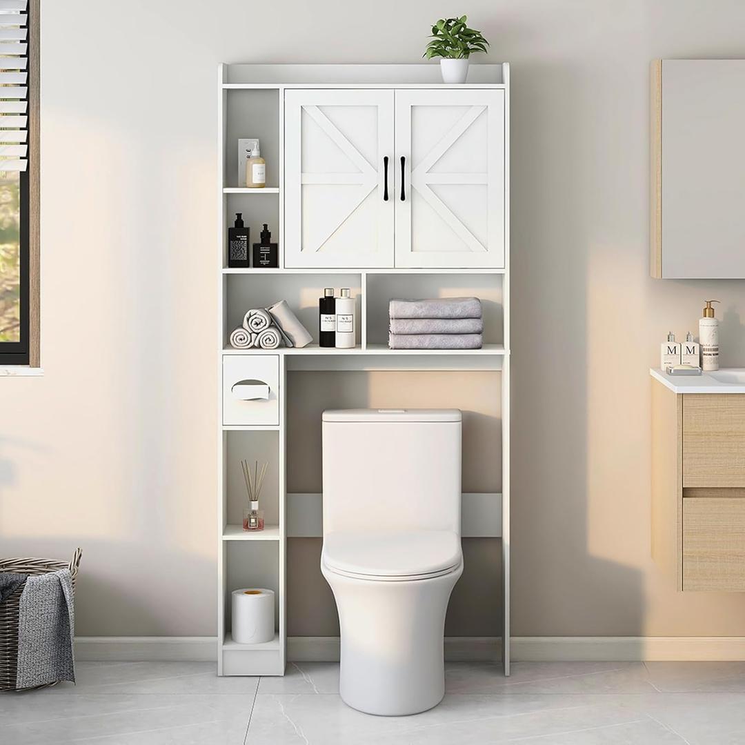 Over The Toilet Storage Cabinet, Farmhouse Storage Cabinet Over Toilet with 2 Barn Door & Toilet Paper Holder StandHome Space-Saving Toilet Rack, for Bathroom, Restroom, Laundry (White)
