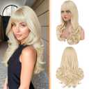 Haloo Blonde Wigs with Bangs Long Wavy Layered Haircut Natural Looking Fluffy Synthetic Heat Resistant Hair Wig for Women Daily Party, 24 Inch